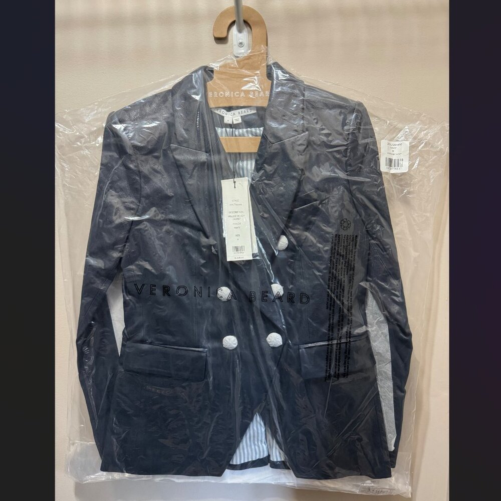 $1398 USD NWT Veronica Beard Miller Leather Dickey Jacket Navy Womens US Size 6